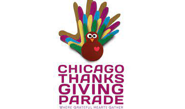 a colorful handprint turkey wearing glasses is above the text "chicago thanksgiving parade" followed by the slogan "where grateful hearts gather.