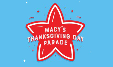 a red star-shaped graphic with white text that reads "macy's thanksgiving day parade" is centered on a light blue background. small red and white decorative elements surround the star.
