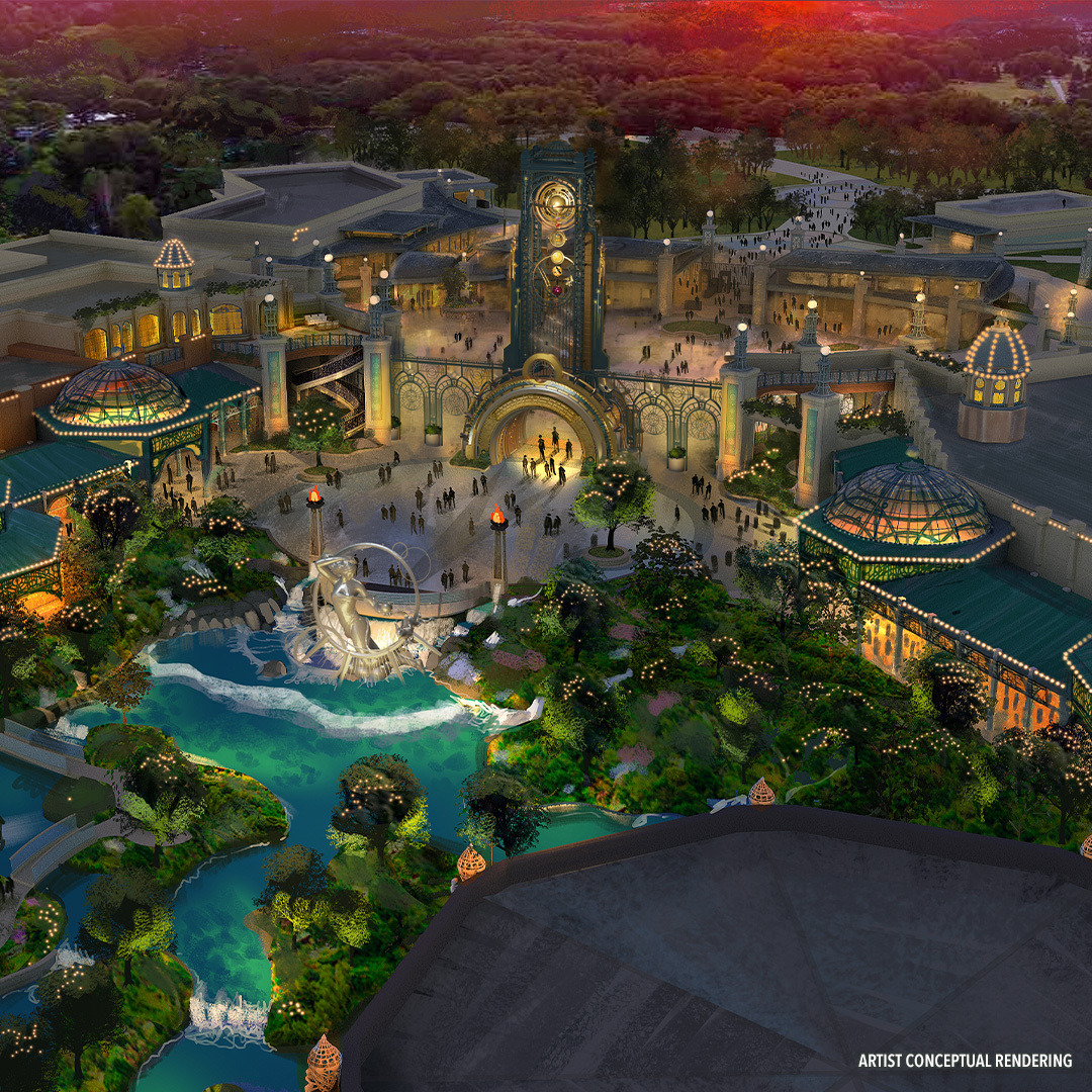 artist's conceptual rendering of an expansive theme park at sunset. features an illuminated central plaza with a clock tower, domed structures, and a fountain surrounded by greenery and water features. visitors are scattered throughout the vibrant scene.