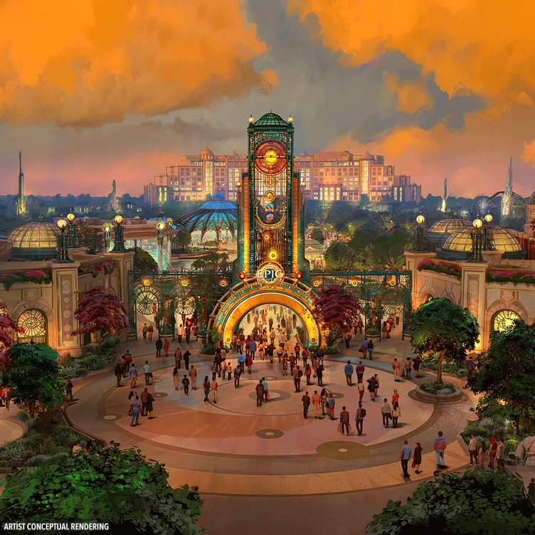a vibrant artist's rendering of a theme park entrance at sunset. the scene features an ornate clock tower, illuminated pathways, and clusters of people walking. in the background, domed structures and trees are visible under an orange sky.