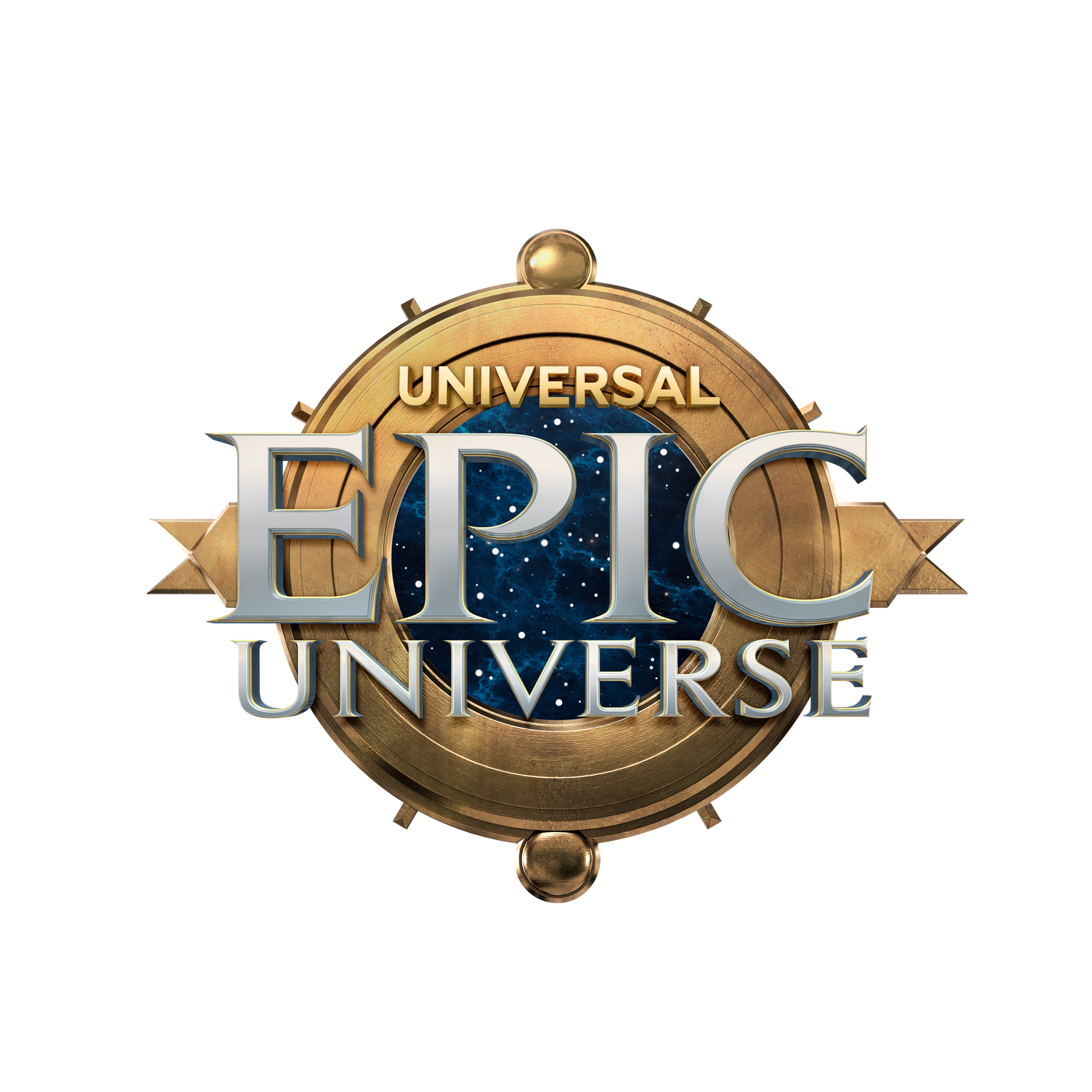 logo for universal epic universe featuring a gold compass design with blue starry background and the words “universal epic universe” in bold metallic lettering. logo for universal epic universe featuring a gold compass design with blue starry background and the words "universal epic universe" in bold metallic lettering.