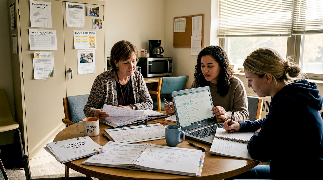 teachers planning group travel at school table