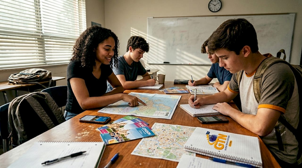 students planning travel with maps and notes