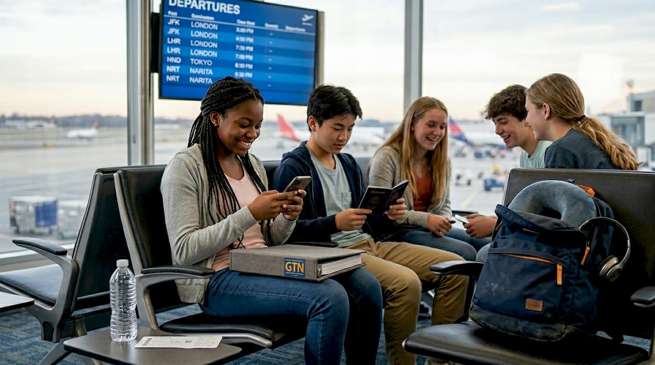 top student travel trends in 2026 for school groups 3 students waiting at airport departure gate
