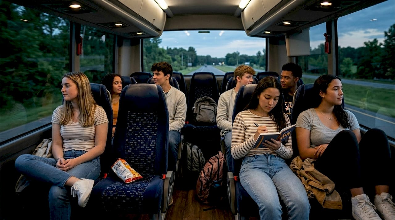 students journaling and talking on travel bus