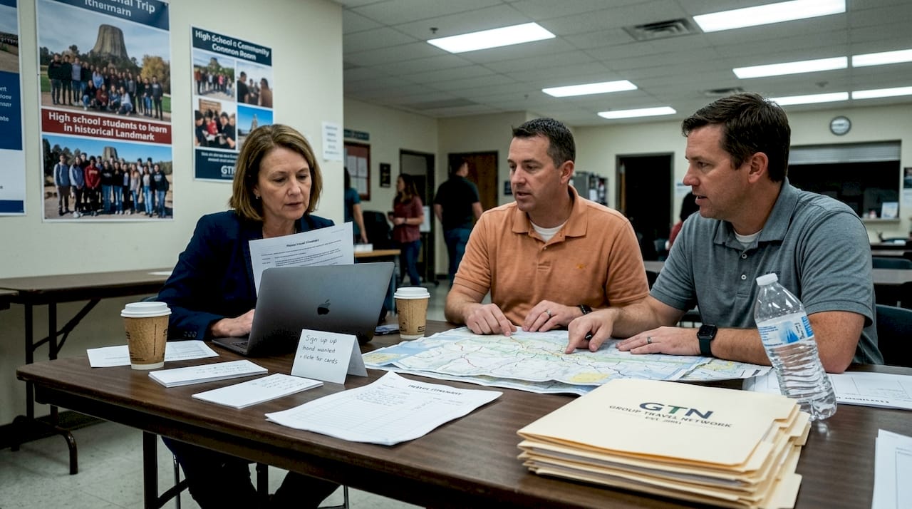 school staff reviewing group travel plans together
