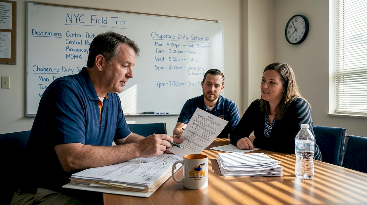 teachers planning school trip at meeting table