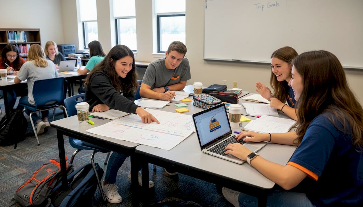 students collaborating on school fundraising plan