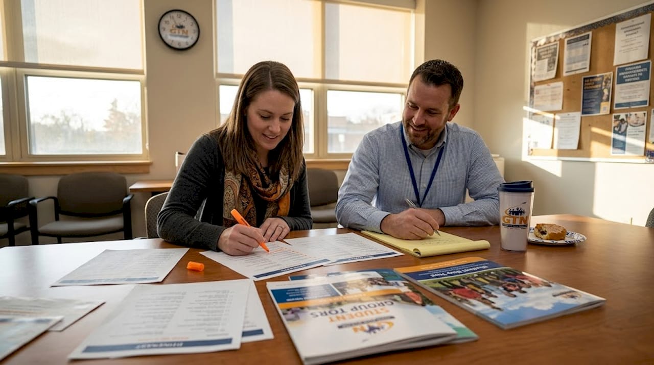 teachers planning a school trip with documents