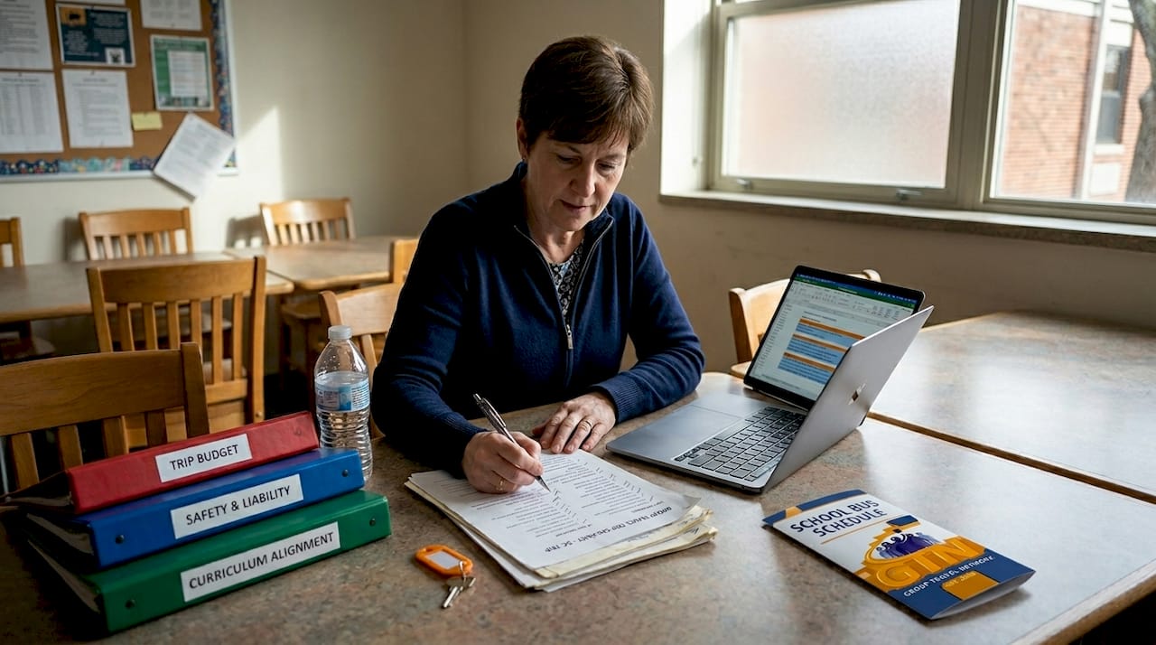 teacher checking school trip planning list