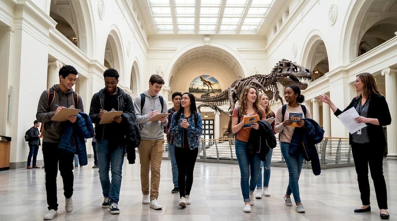 students exploring museum on school trip