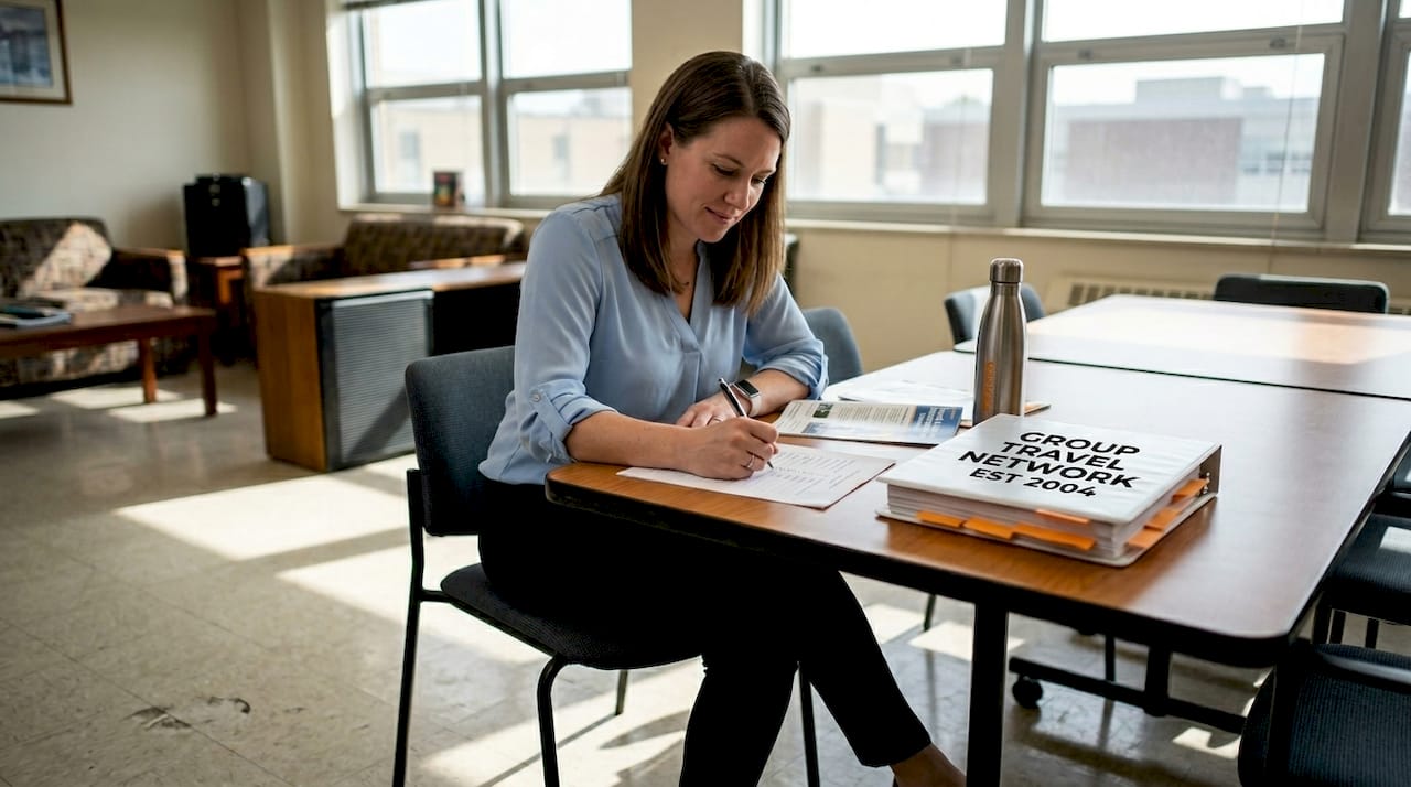 teacher reviewing travel insurance checklist