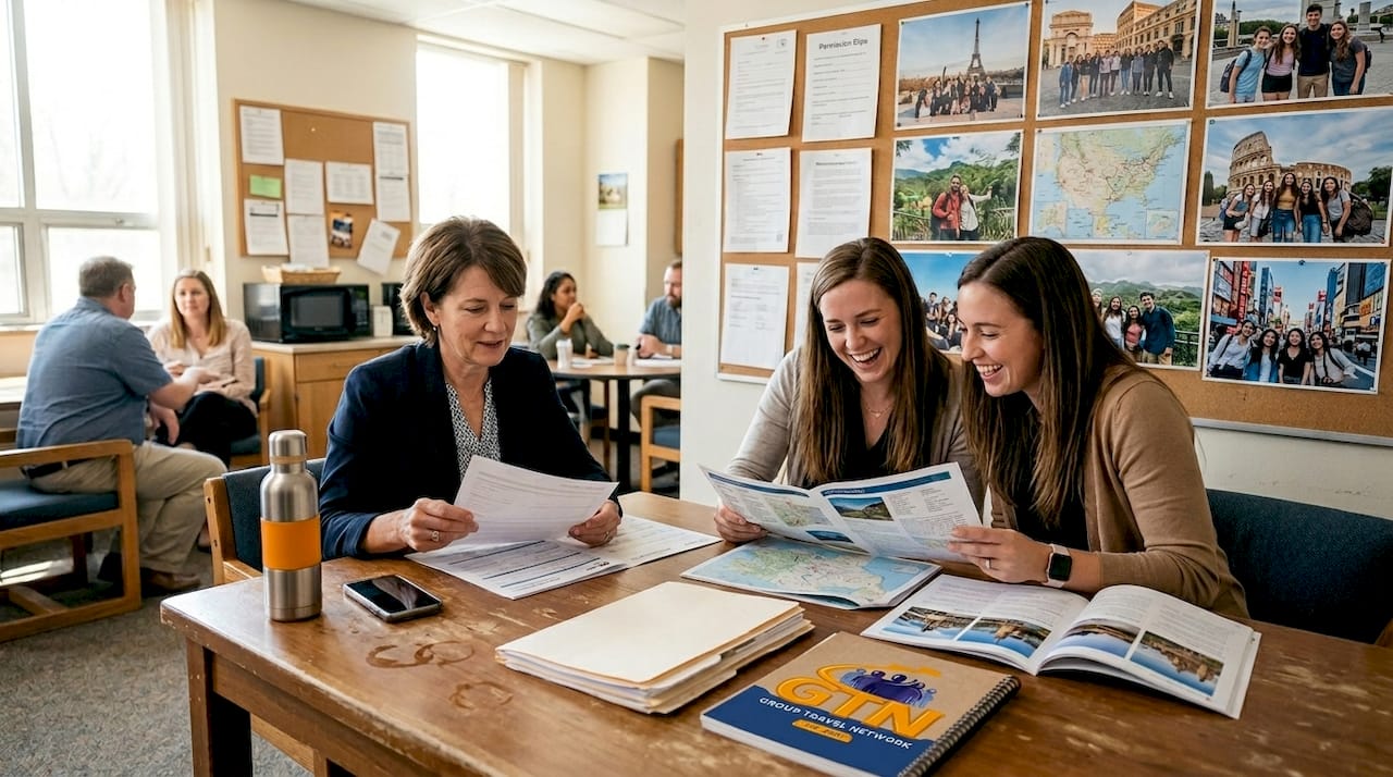 school administrator reviews group trip insurance forms
