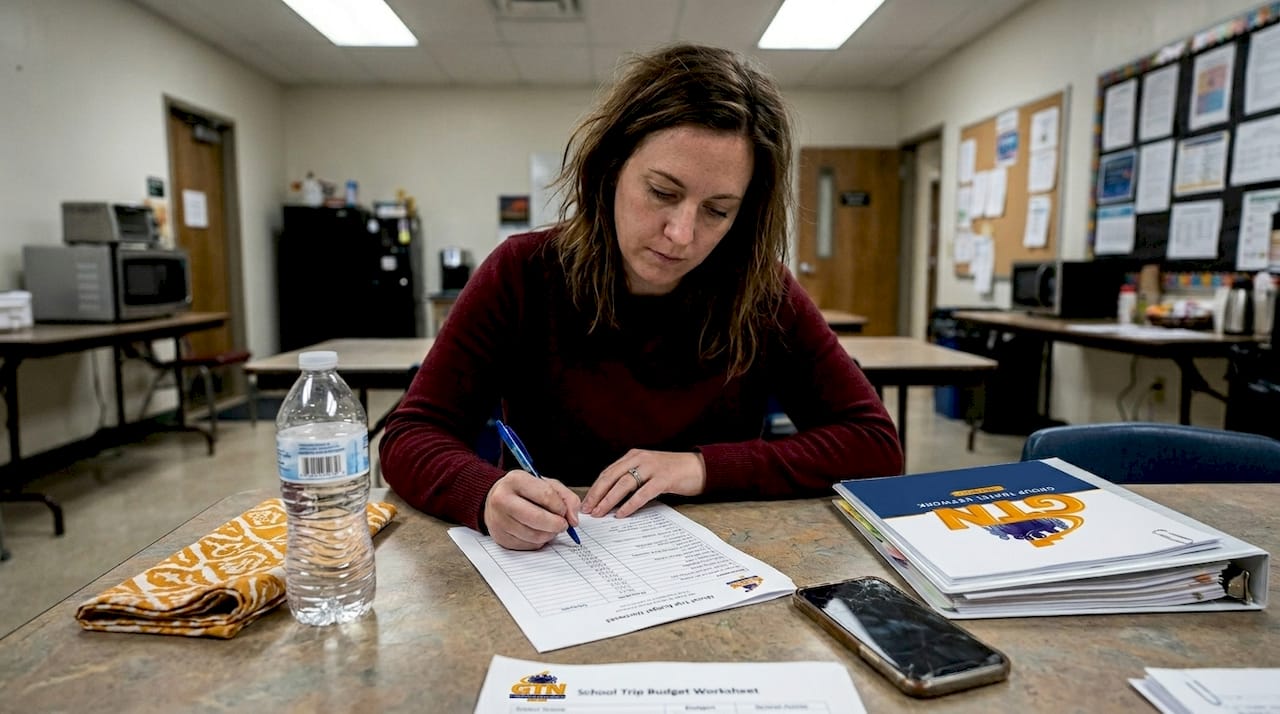 teacher planning school trip budget at table
