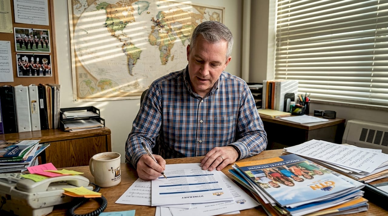 band director planning trip in school office