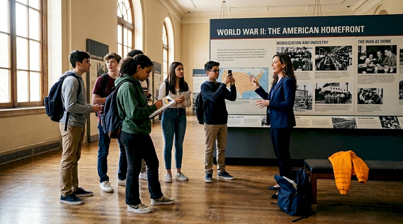 students listening to teacher in museum hallway