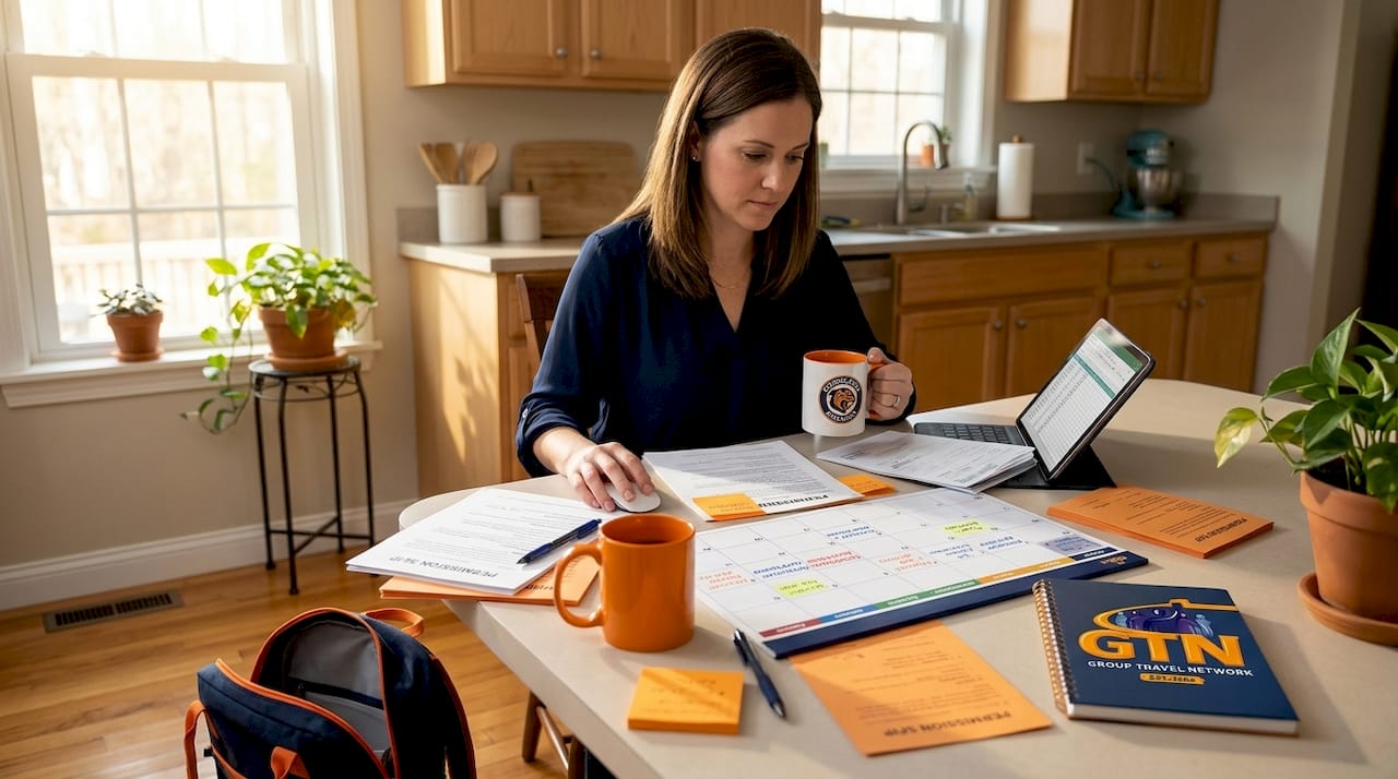 trip organizer planning at kitchen table
