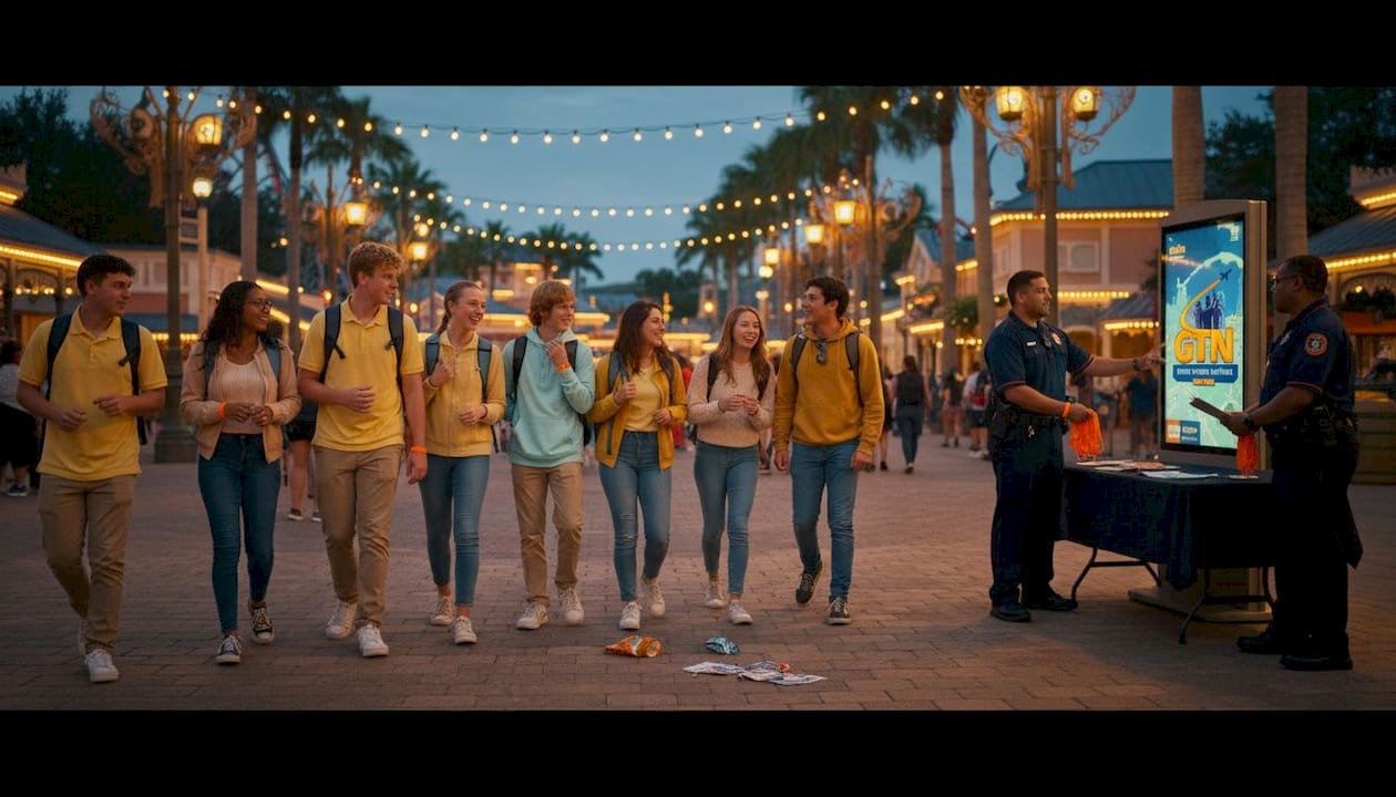 high school students entering theme park evening
