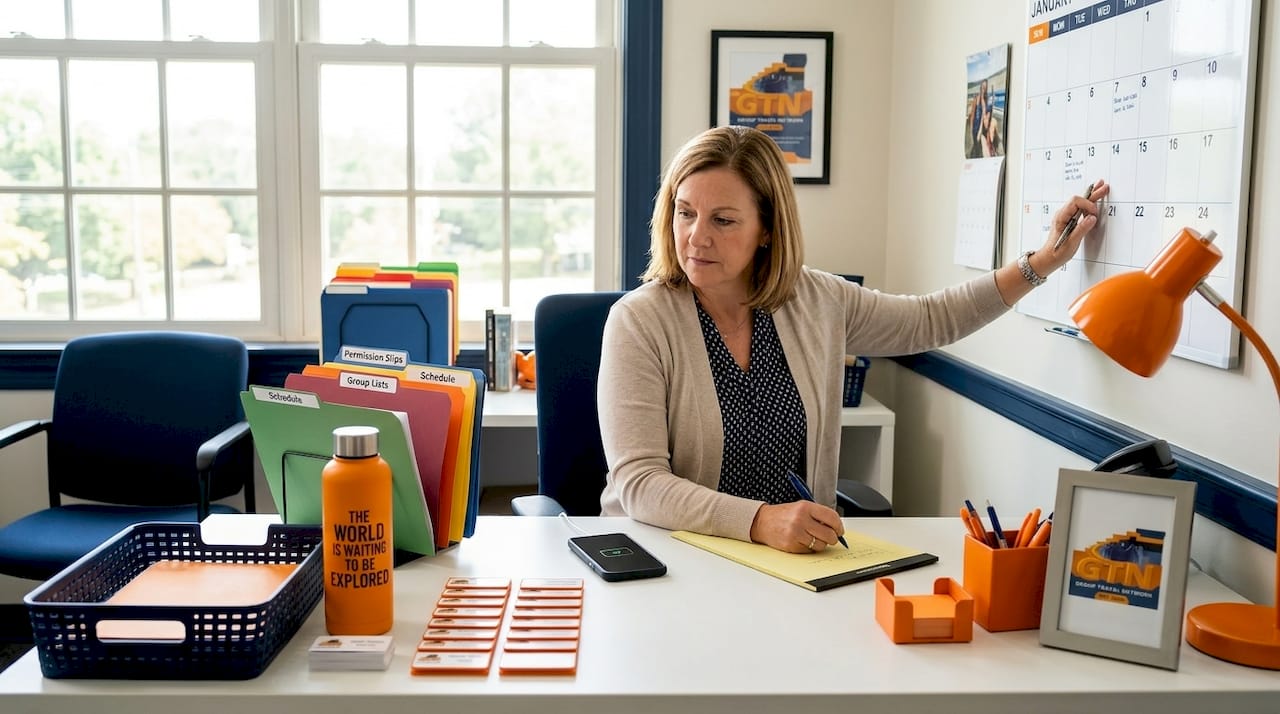 administrator organizing field trip materials