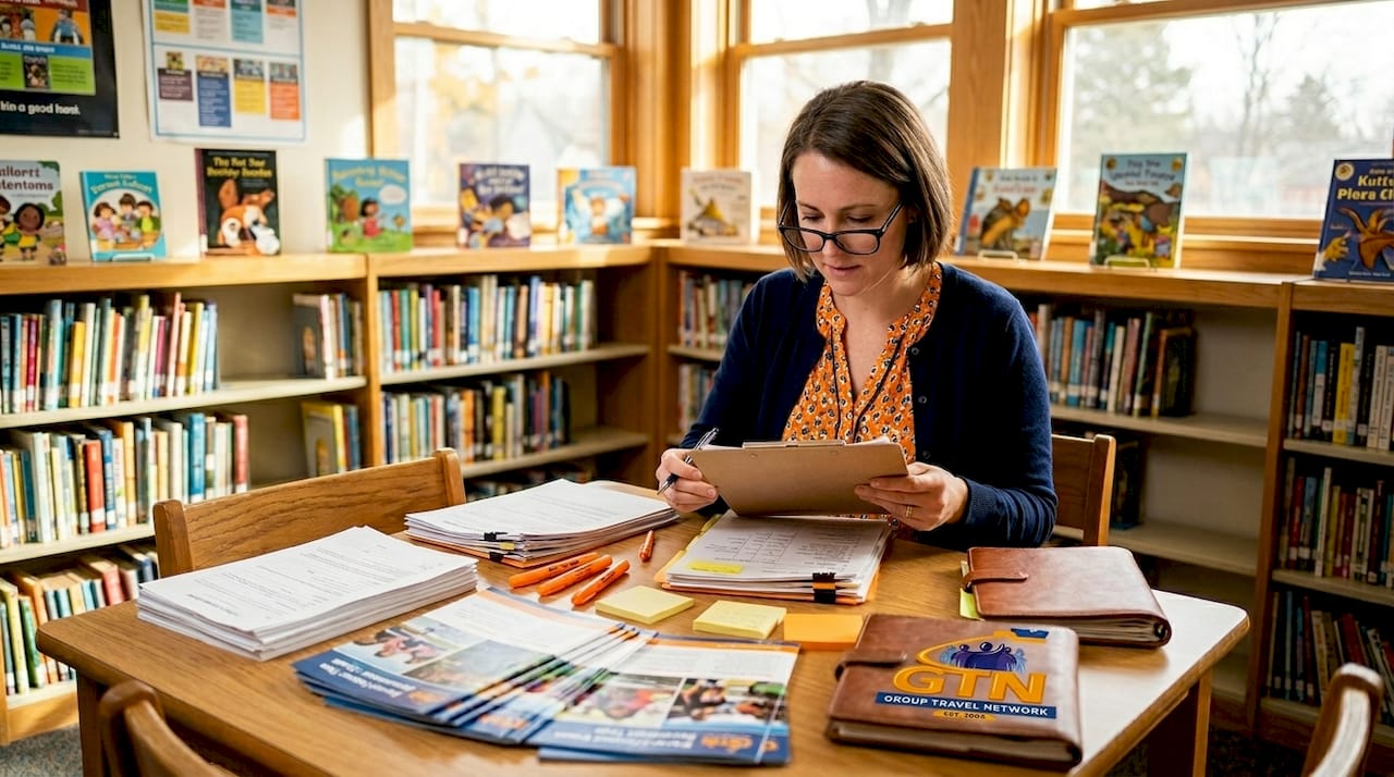 school administrator organizing school tour paperwork