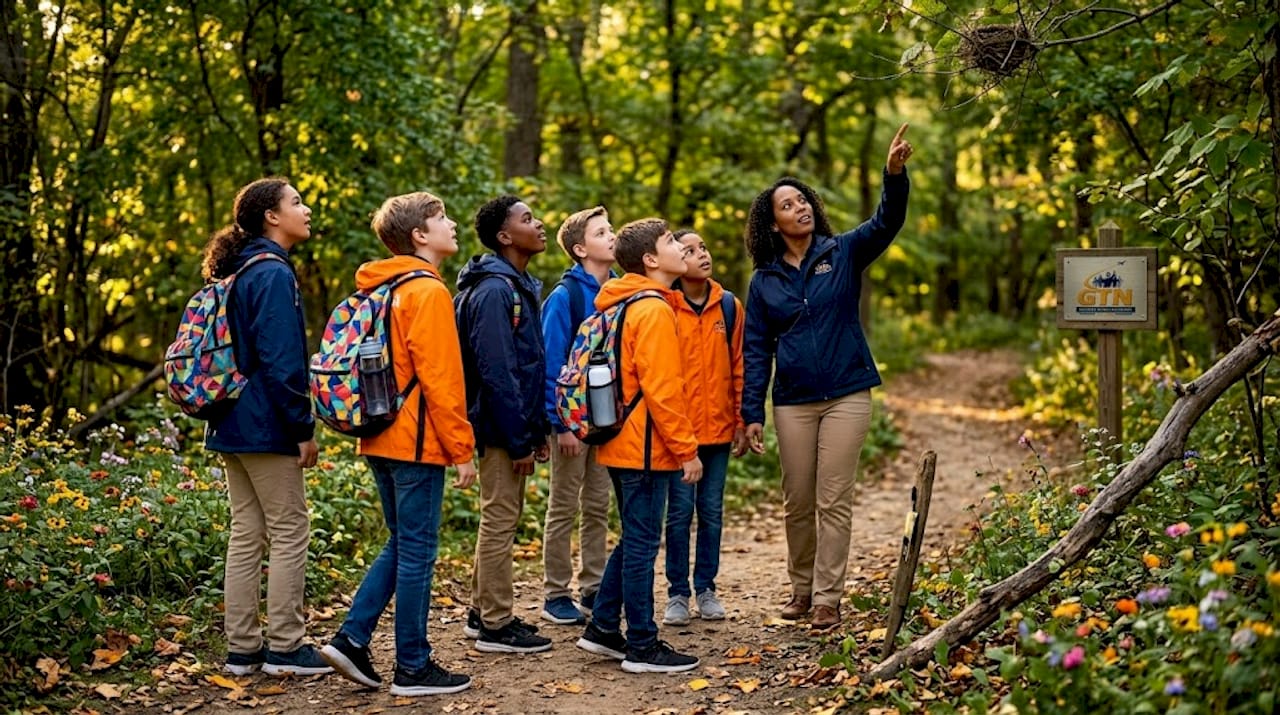 students exploring forest trail on nature trip