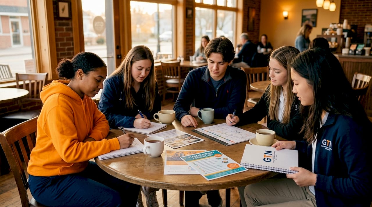 students planning fundraising at library table