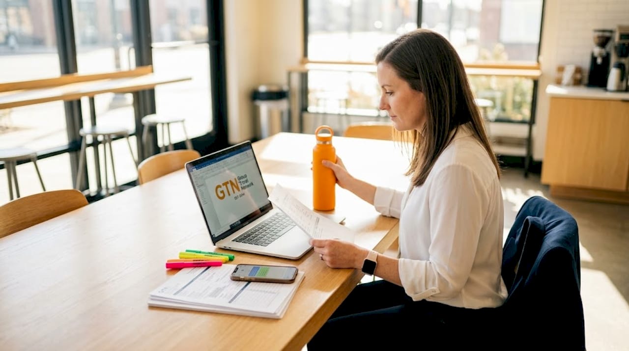 tour manager organizing itinerary at coworking table