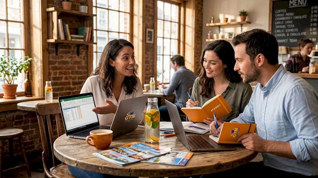 three adults planning group travel at kitchen table