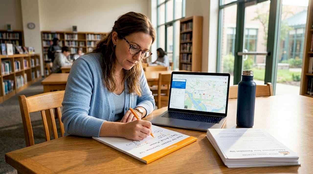 teacher planning field trip itinerary at table
