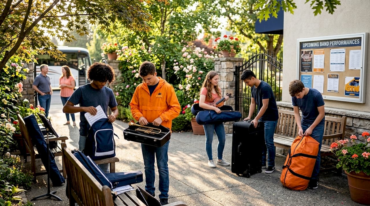 students pack instruments for band travel rehearsal