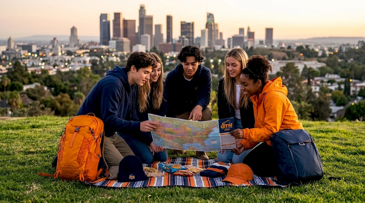 group of travelers planning trip outdoors