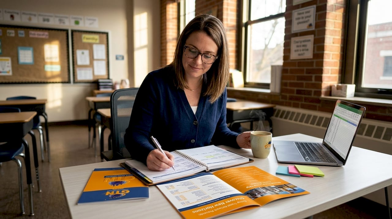 educator planning multi-day school trip at library desk
