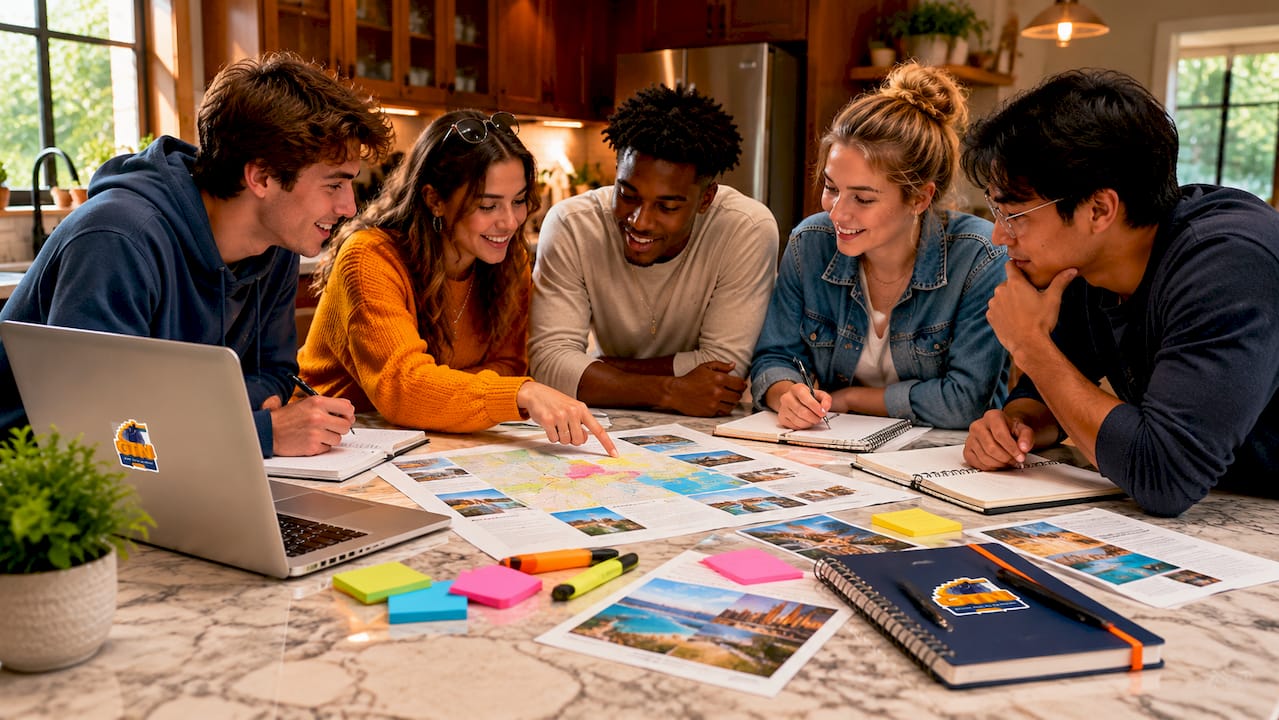 group discussing travel itinerary documents