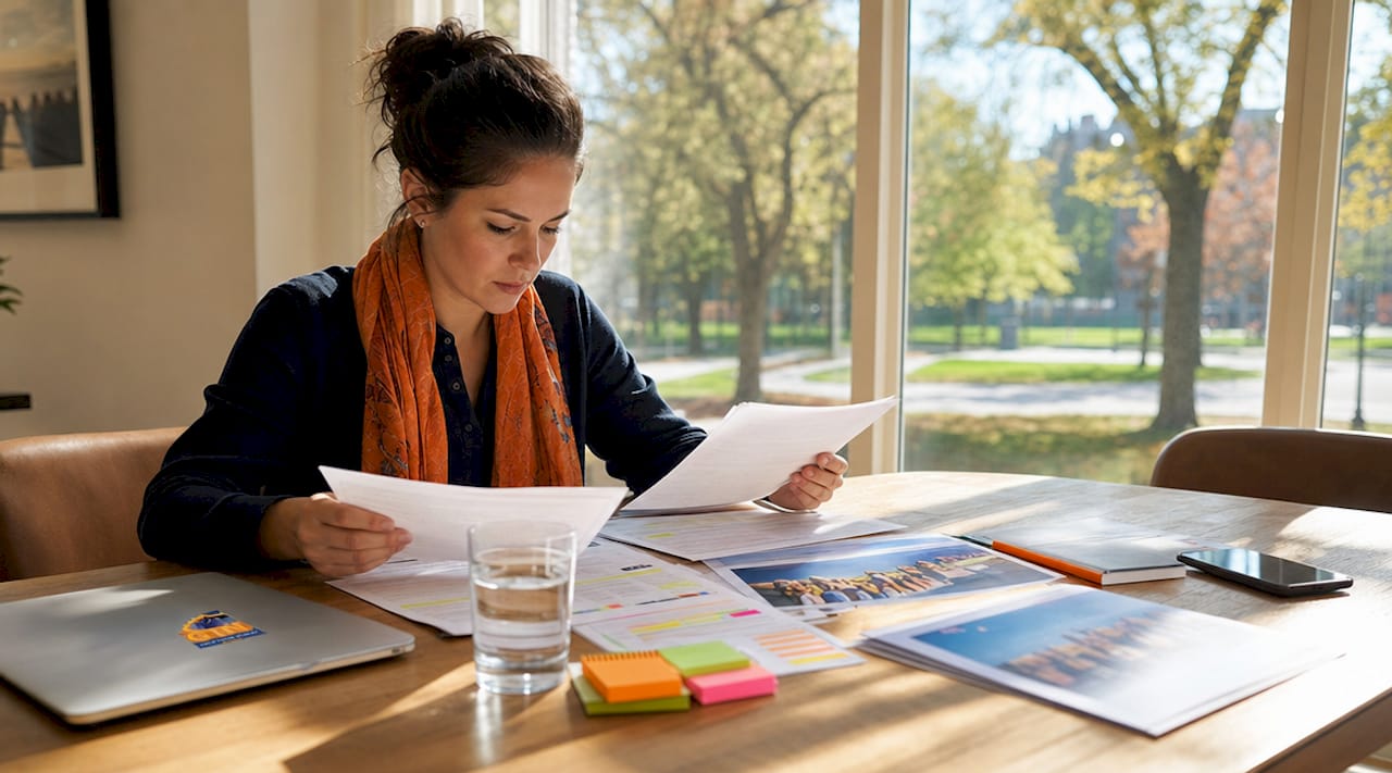 woman reviewing travel accreditation documents at desk