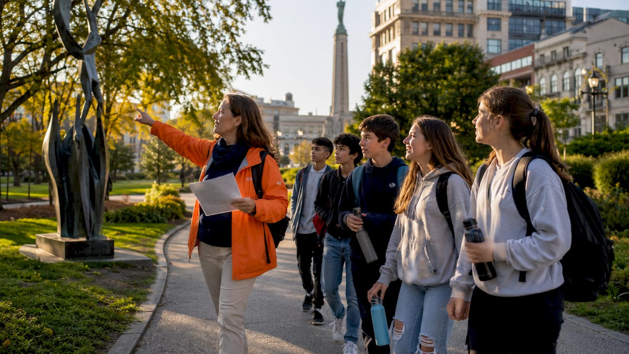 travel chaperone leading students outdoors