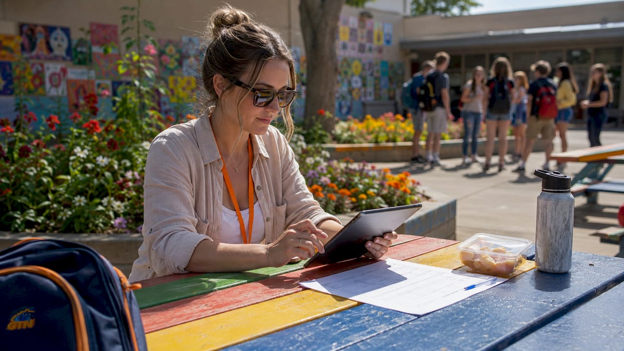 school trip coordinator using tablet for registration