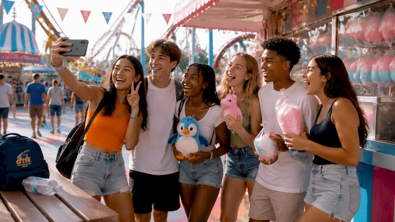 group of high school students on beach boardwalk vacation