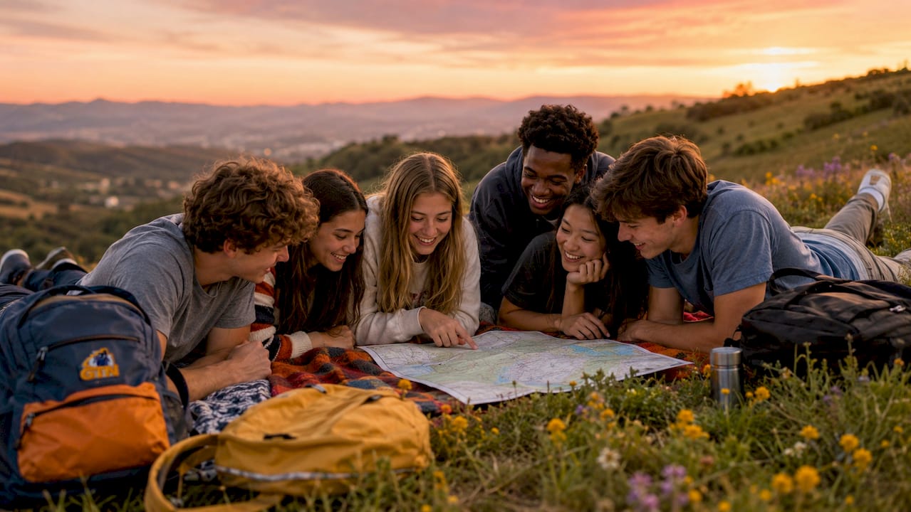 high school students planning trip on rooftop