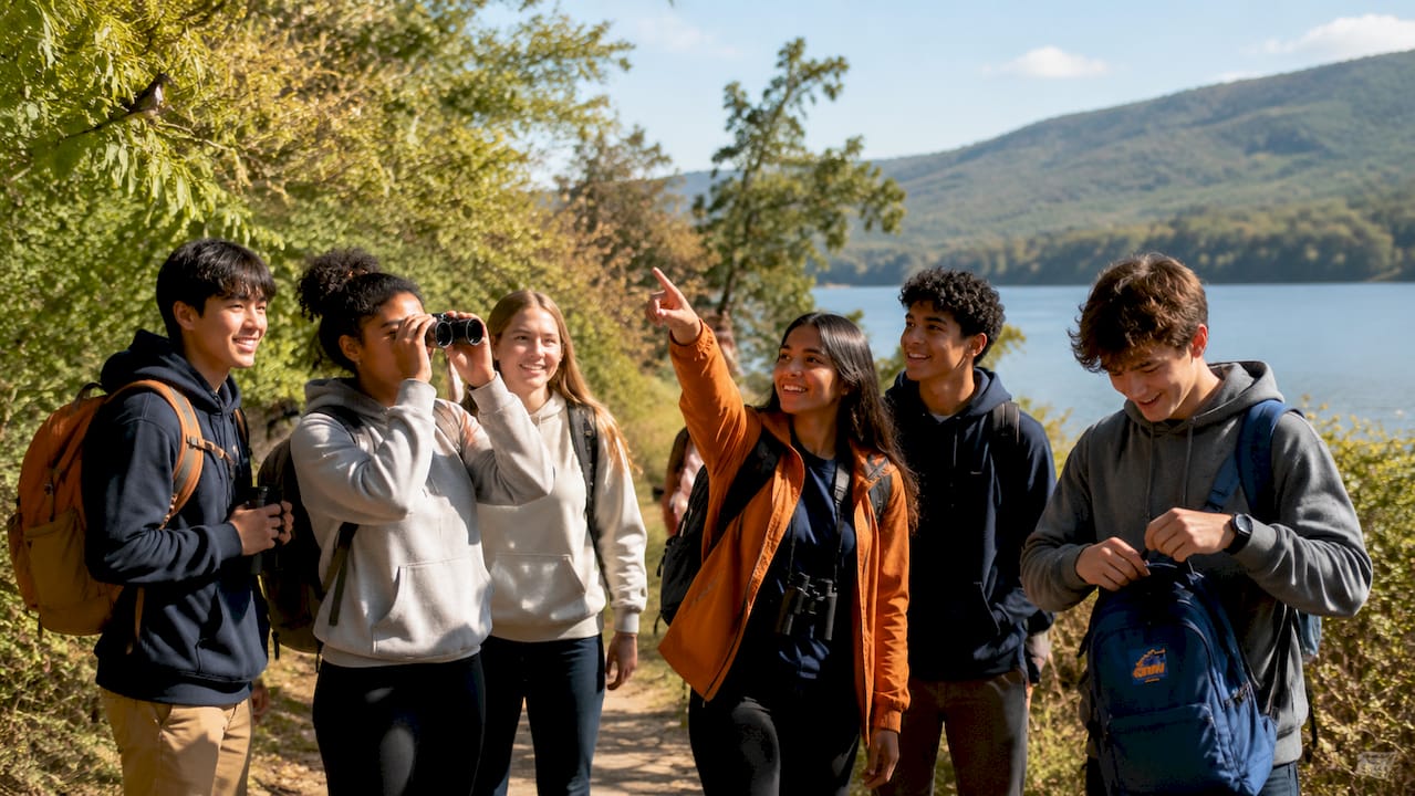 group of students hiking in forest on school trip
