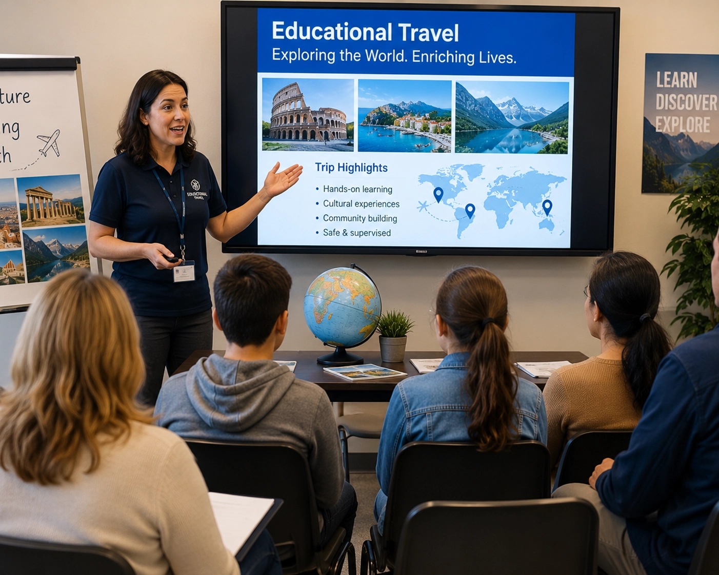 parents and students reviewing details for an educational travel experience.