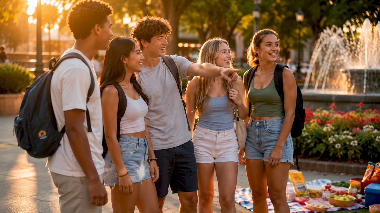high school students walking on sunny beach vacation