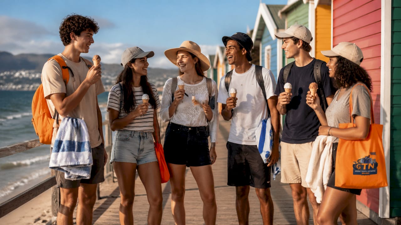 high school students enjoying city square on vacation