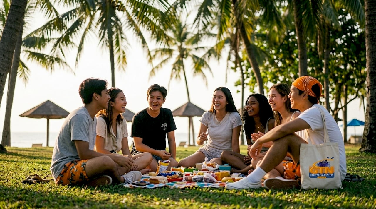 high school students relaxing on beach vacation