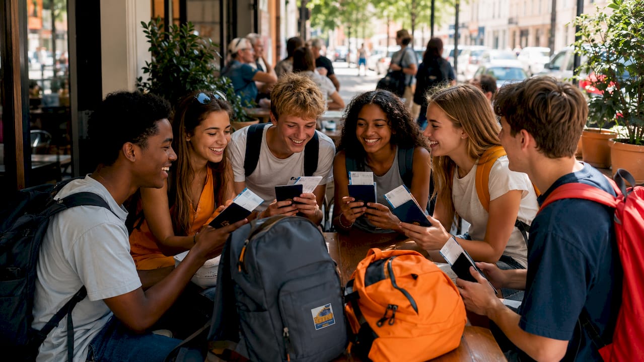 high school students with travel documents outdoors