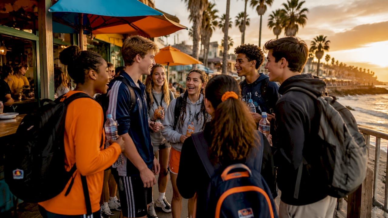 high school students smiling on beach boardwalk