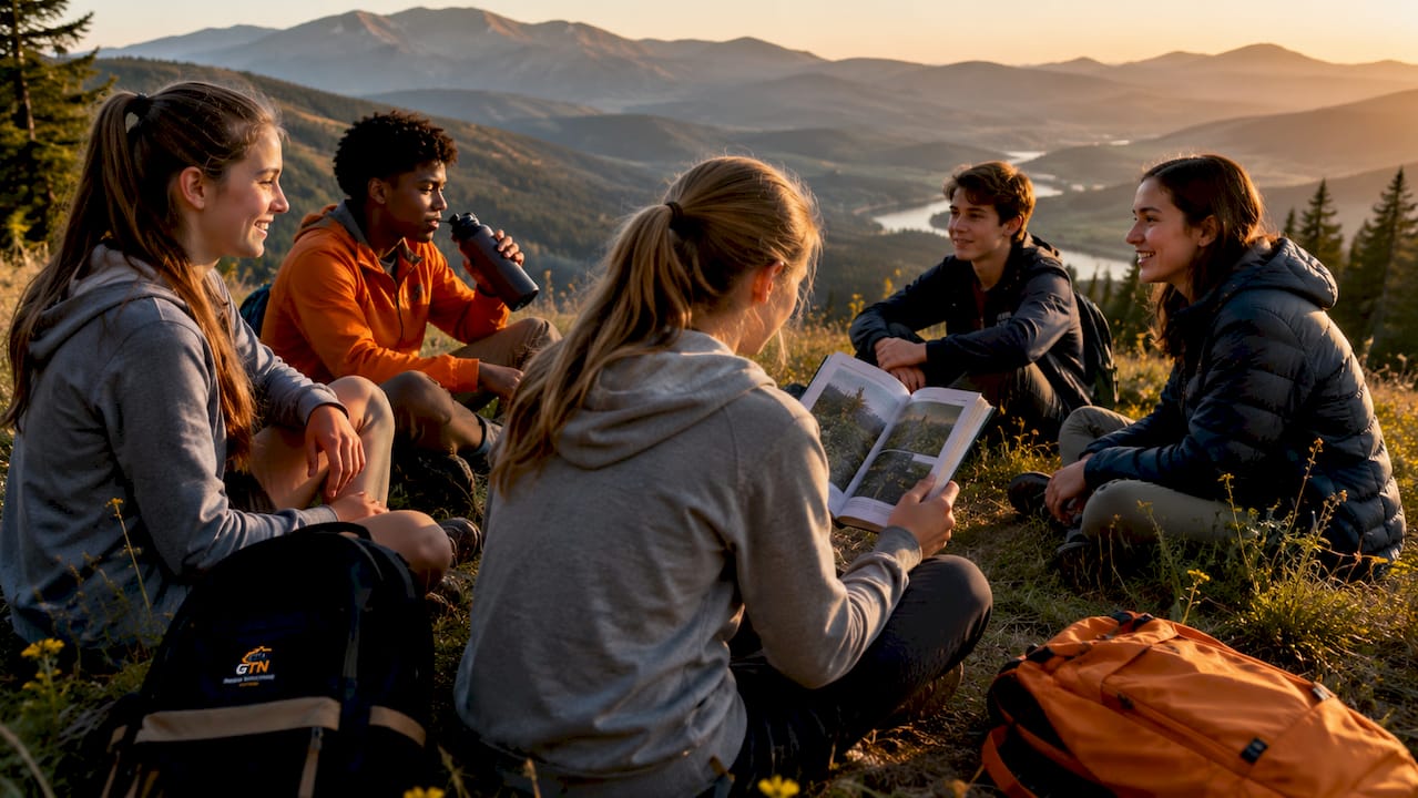 high school students resting during forest hike