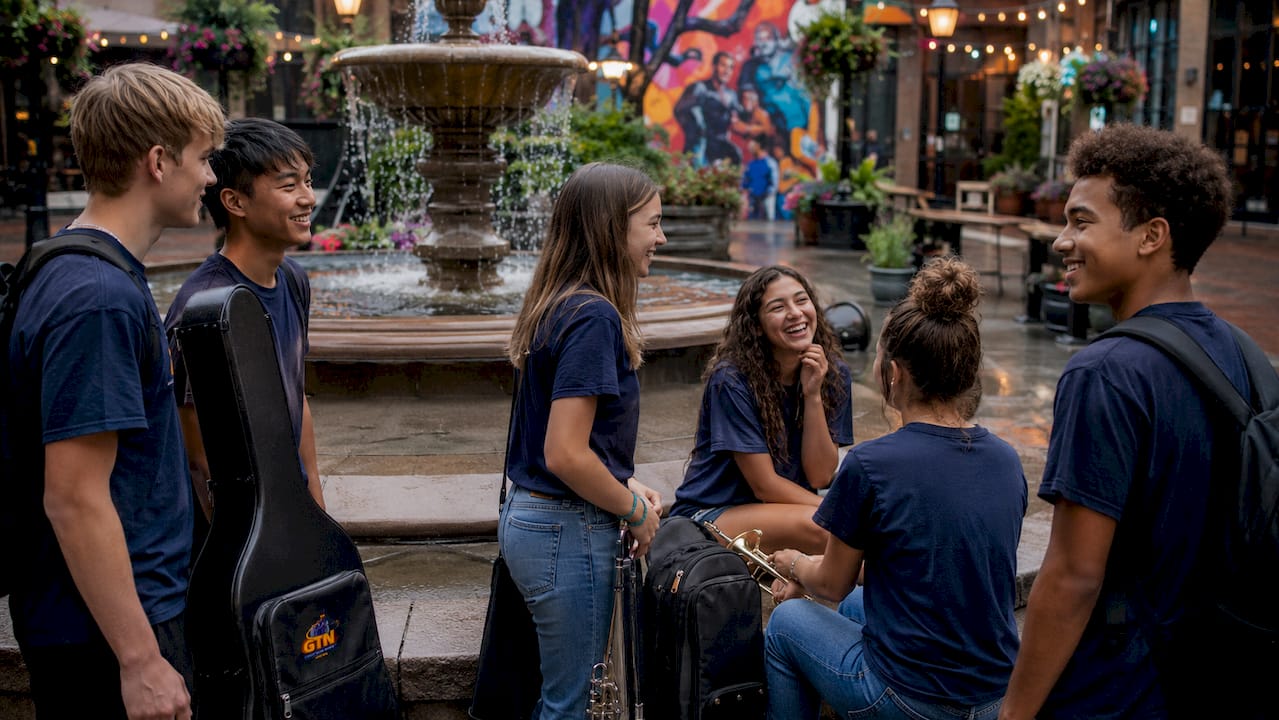 high school students on music tour outside concert hall