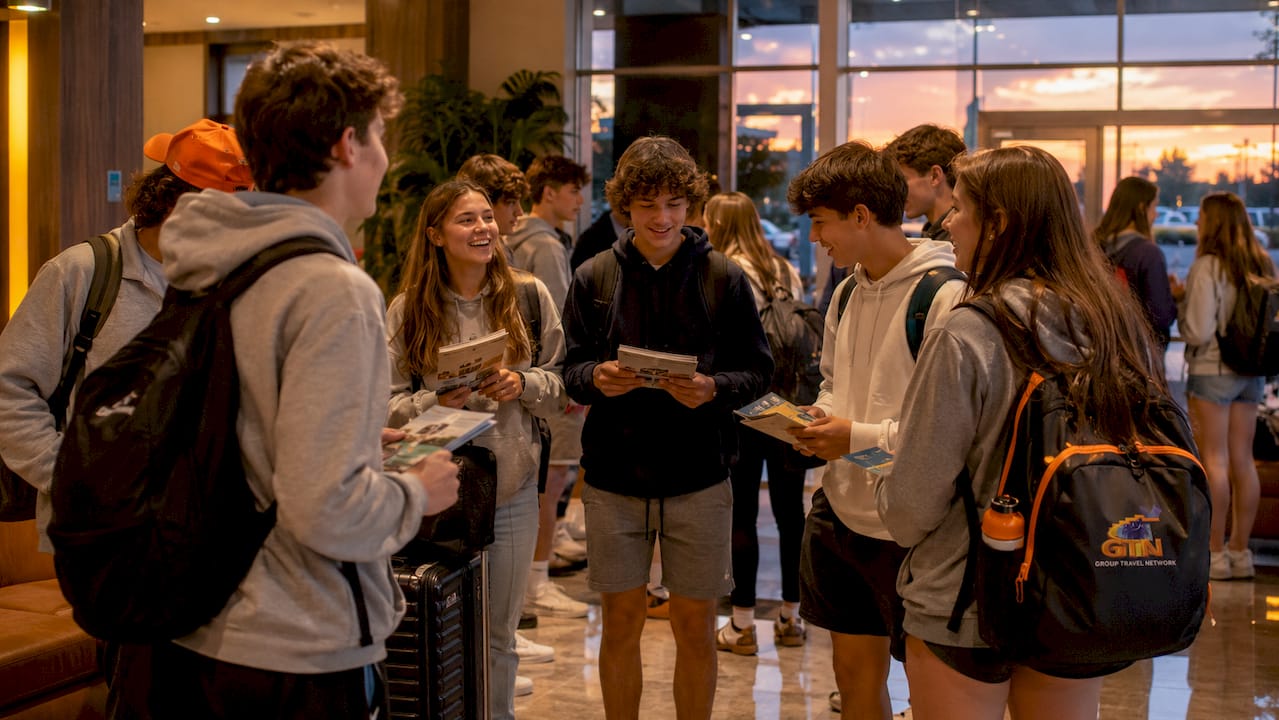 high school students chatting in hotel lobby