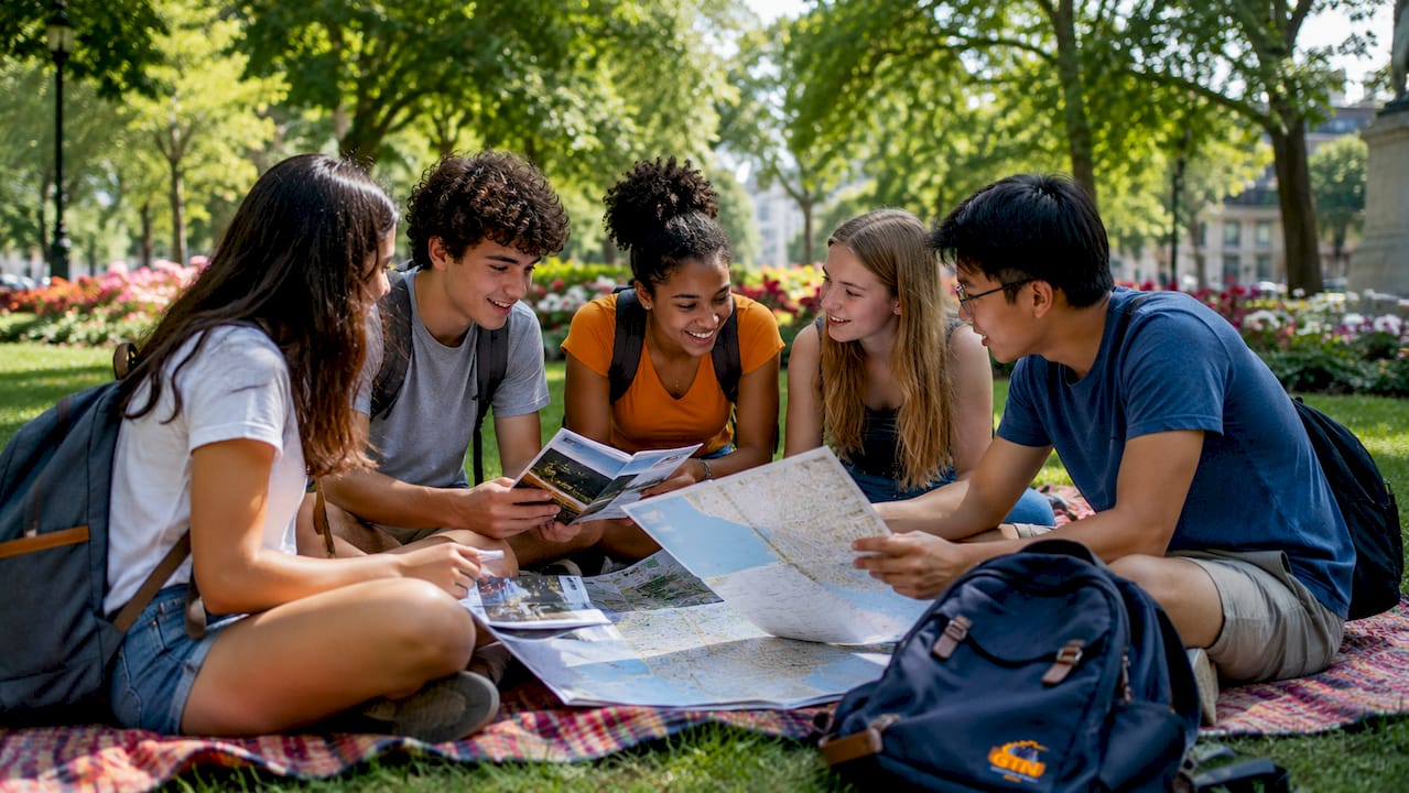 high school students planning trip with maps outdoors