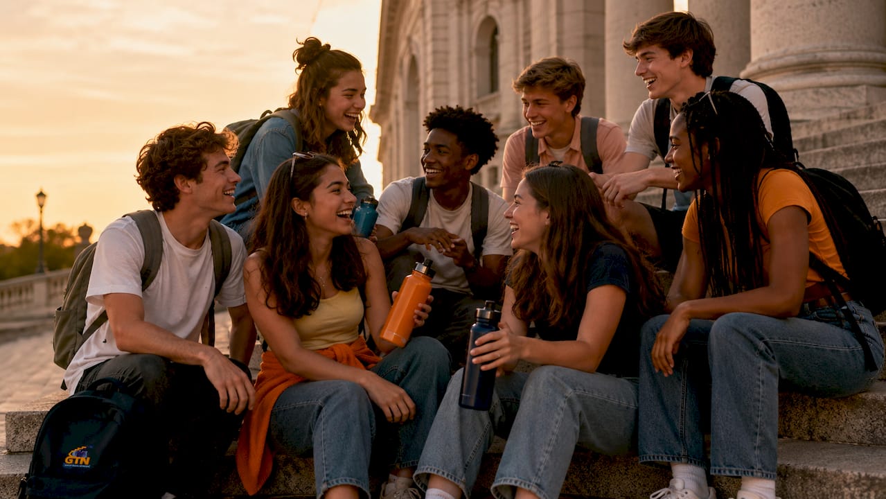 group of high school students on vacation outdoors